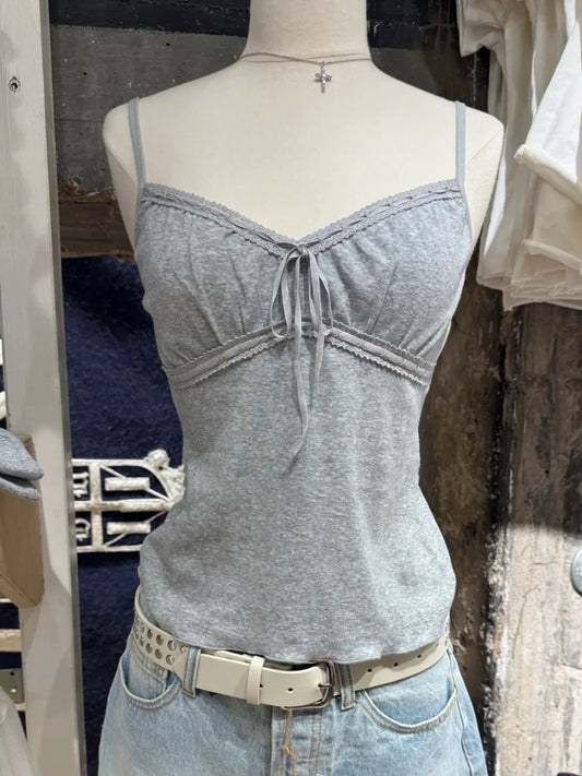 Gray Folds Lace-up V-neck Tank Tops Women Summer Casual Lace Cotton Slim Sleeveless Vests Sweet Cute Preppy Style Camisole