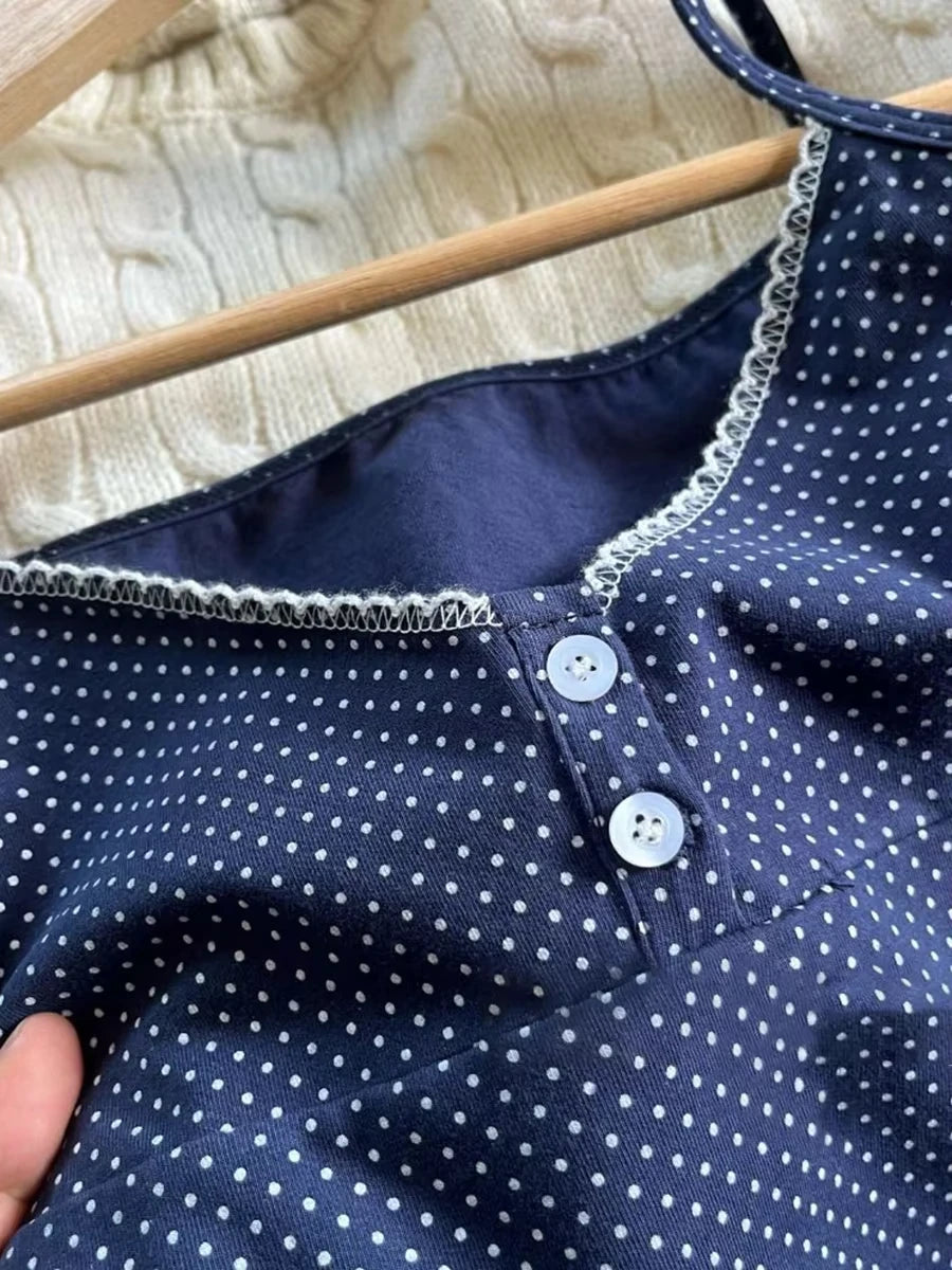 Navy Polka Dot Slim Crop Top Women Lace Trim Two Buttons Cotton Cropped Camisole Female Sweet Cute Preppy Style Tank Tops OOTDS