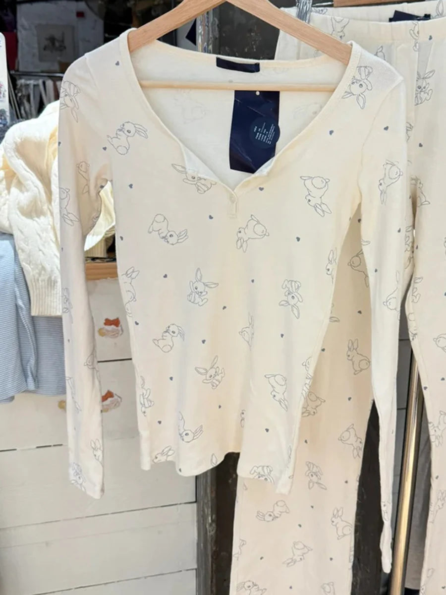 Cute Rabbits Print Button Long Sleeve Tops Women New Cotton Slim Casual Preppy Style Tee Shirt Vintage Sweet Pajama T-shirts Y2K