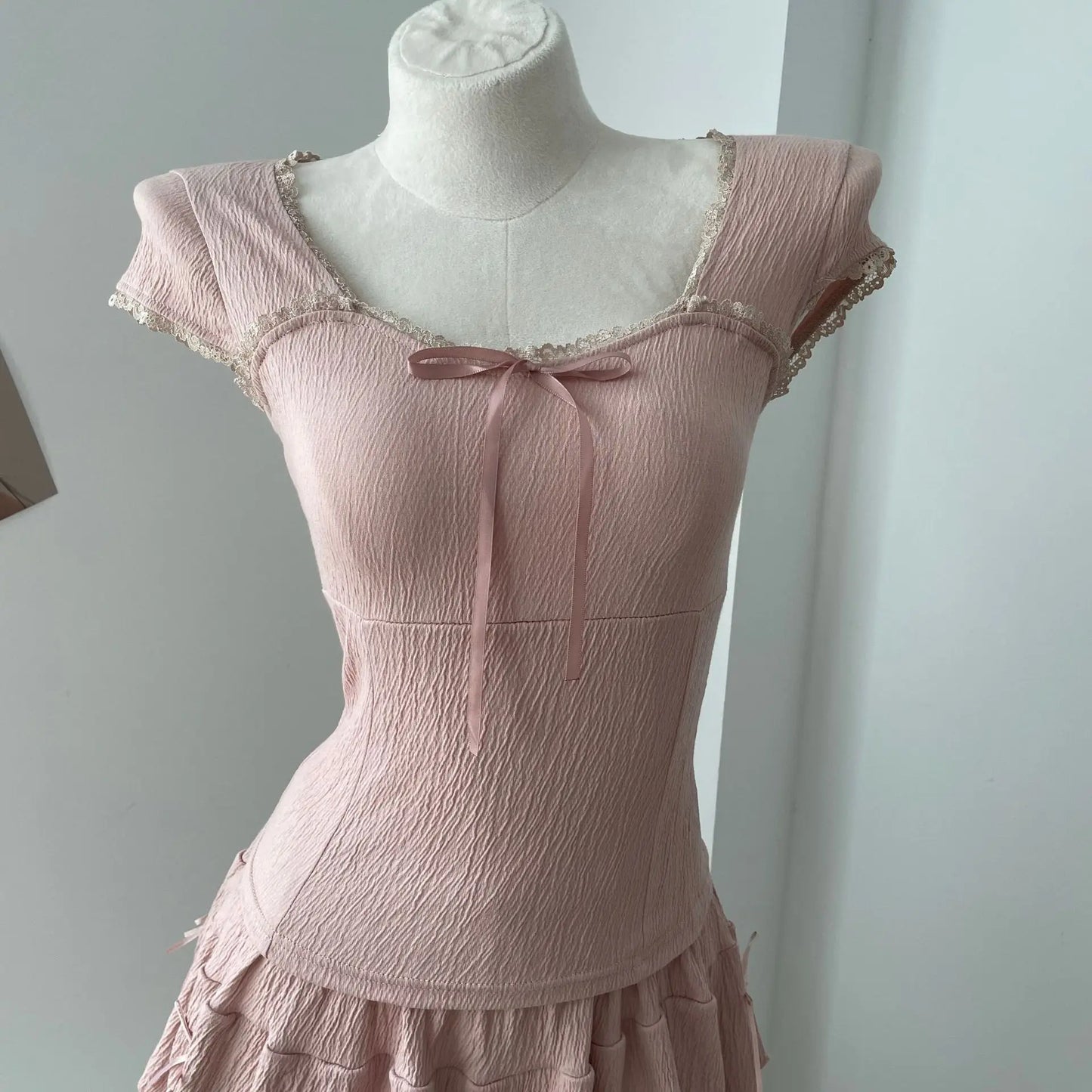 Lace Trim Square Neck T-shirts Women Summer New Casual Slim Bow Folds Texture Short Sleeve Tees Sweet Cute Preppy Style Tops Y2K
