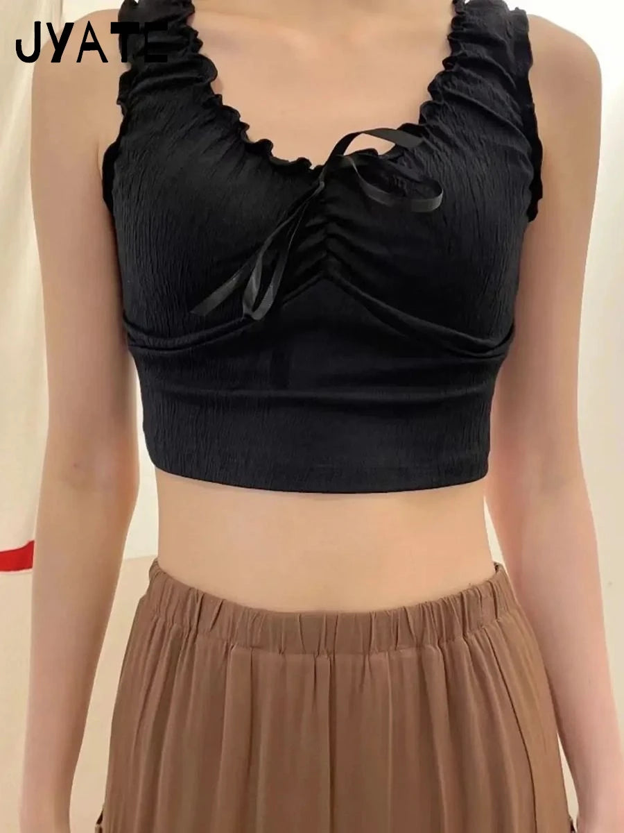 Fashion Bow Folds Cotton Slim Tank Tops Women Summer New Ruffles Black V-neck Sleeveless Vests Harajuku Chic Sweet Camisole Y2K