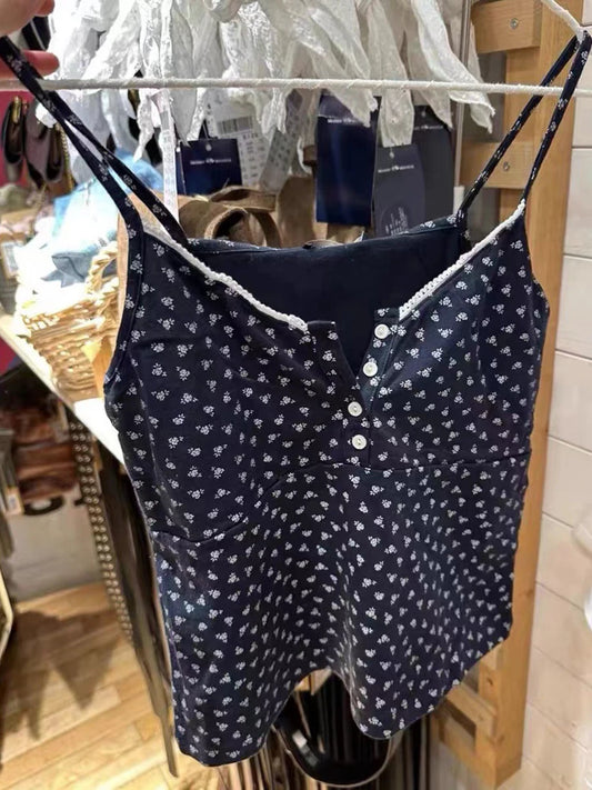 Sweet Retro Floral Buttons Camis Women Summer New Fashion Navy Blue Lace Trim Tank Tops Female Vintage Harajuku Chic Vests Y2K