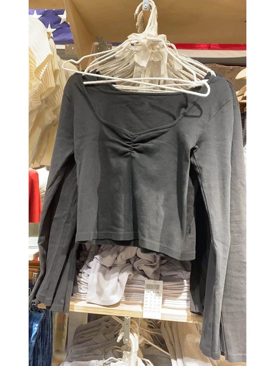Solid V Neck Slim Long Sleeve T-shirts Fashion Tight Folds Basic Crop Top Woman Spring Casual Street Y2K Summer Tees