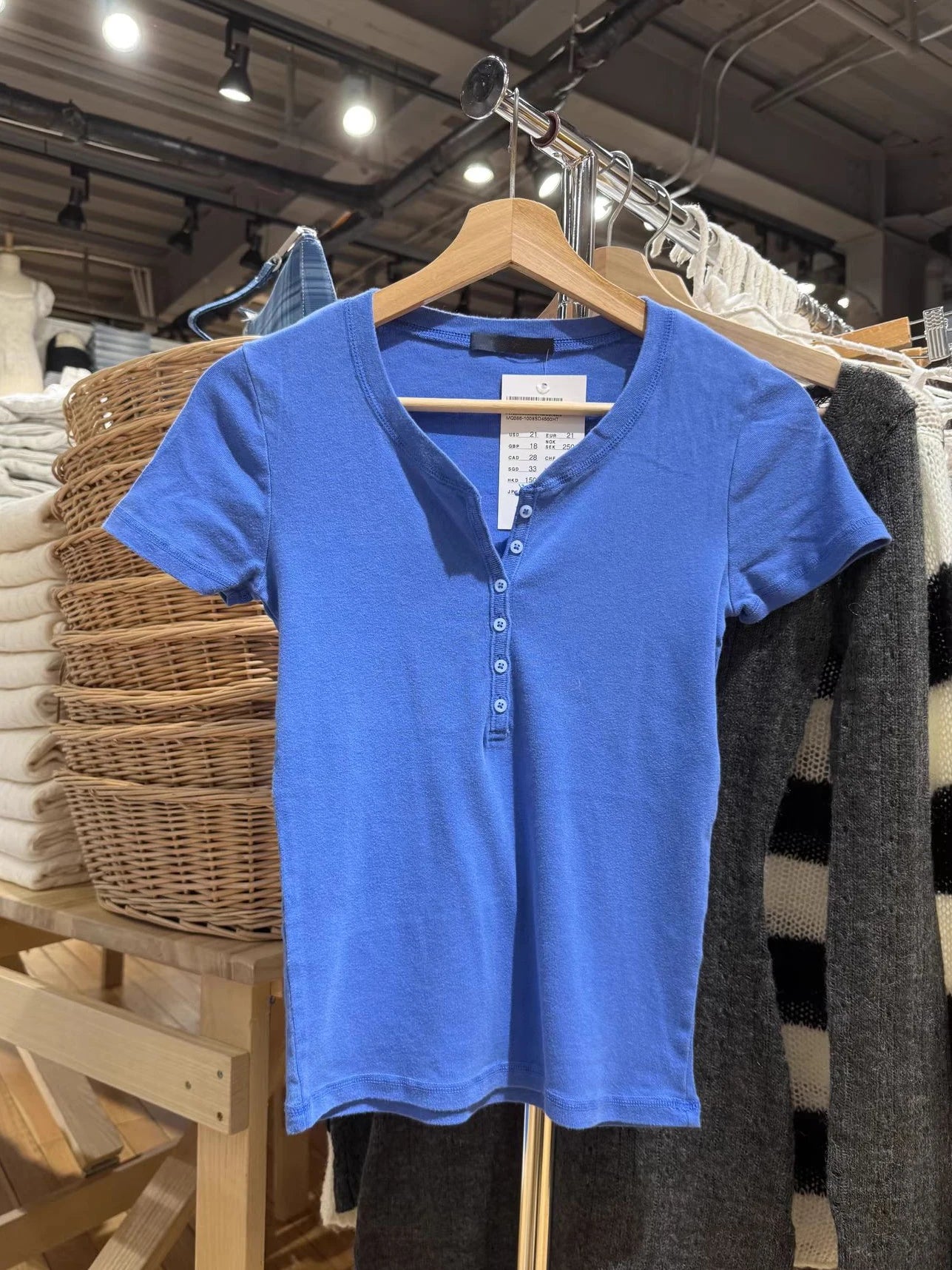 Electric Blue Six Buttons T-shirts Women Summer O-neck Cotton Slim Short Sleeve Tee Tops Female Casual Simple All-match Tshirts