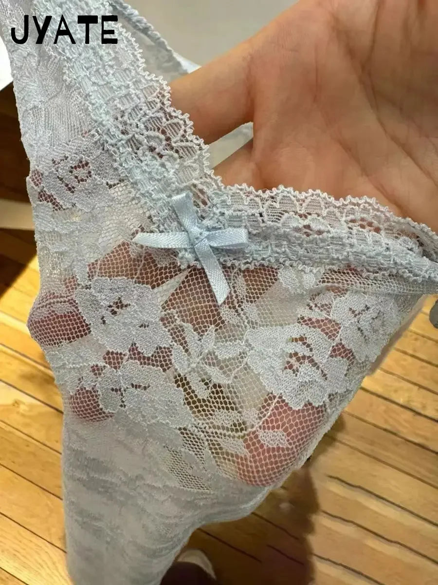 Blue Jacquard Sexy Sheer Tank Tops Women Summer New Streetwear Slim V-neck Bow Thin Sleeveless Vest Sweet Mesh Chic Camisole Y2K