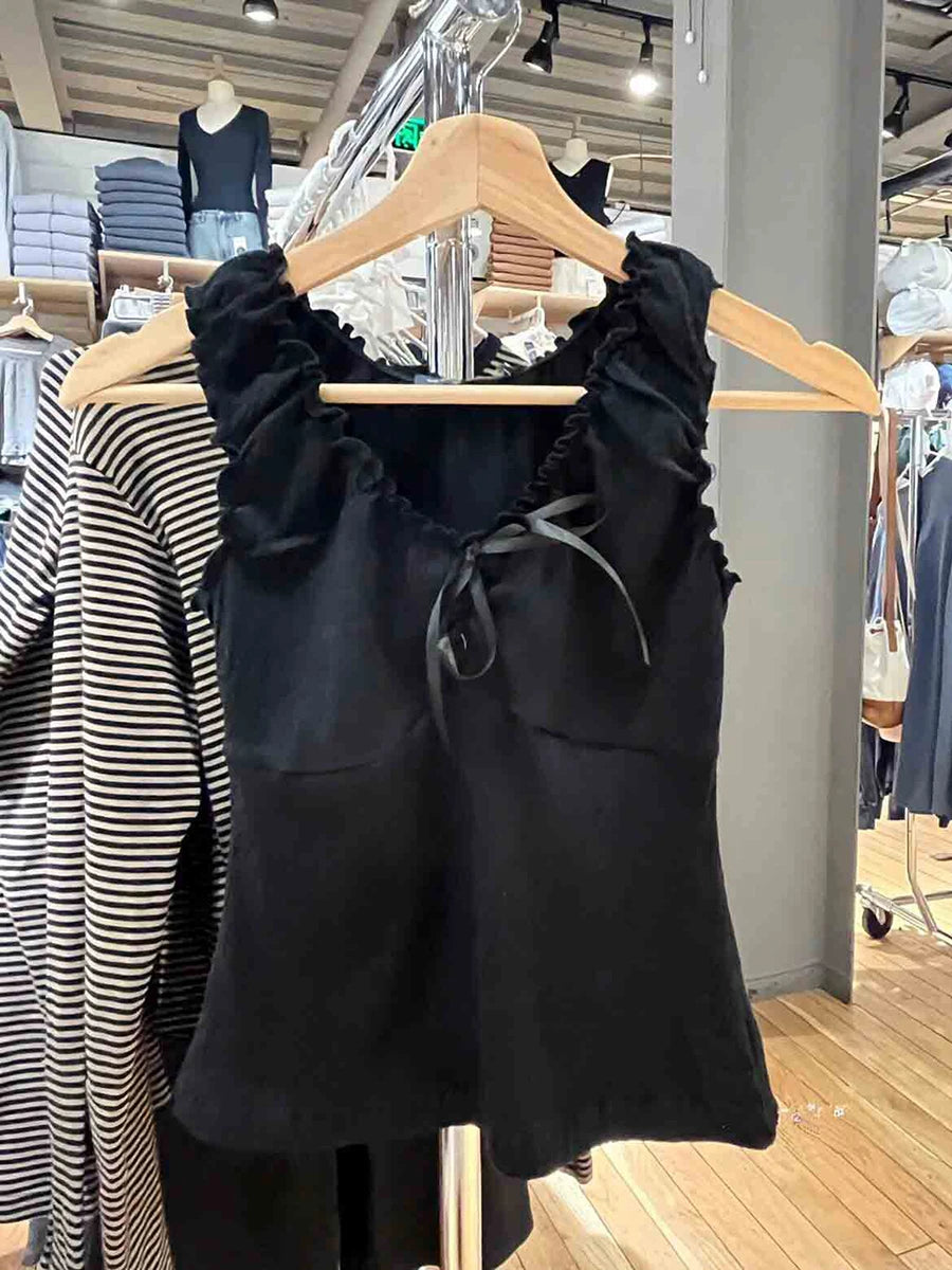 Cute Pink Fungus Trim Slim Tank Tops Women Summer Sleeveless Sexy Bow V-neck Cotton Crop Top Femme Simple Sweet Cute Vests Y2K