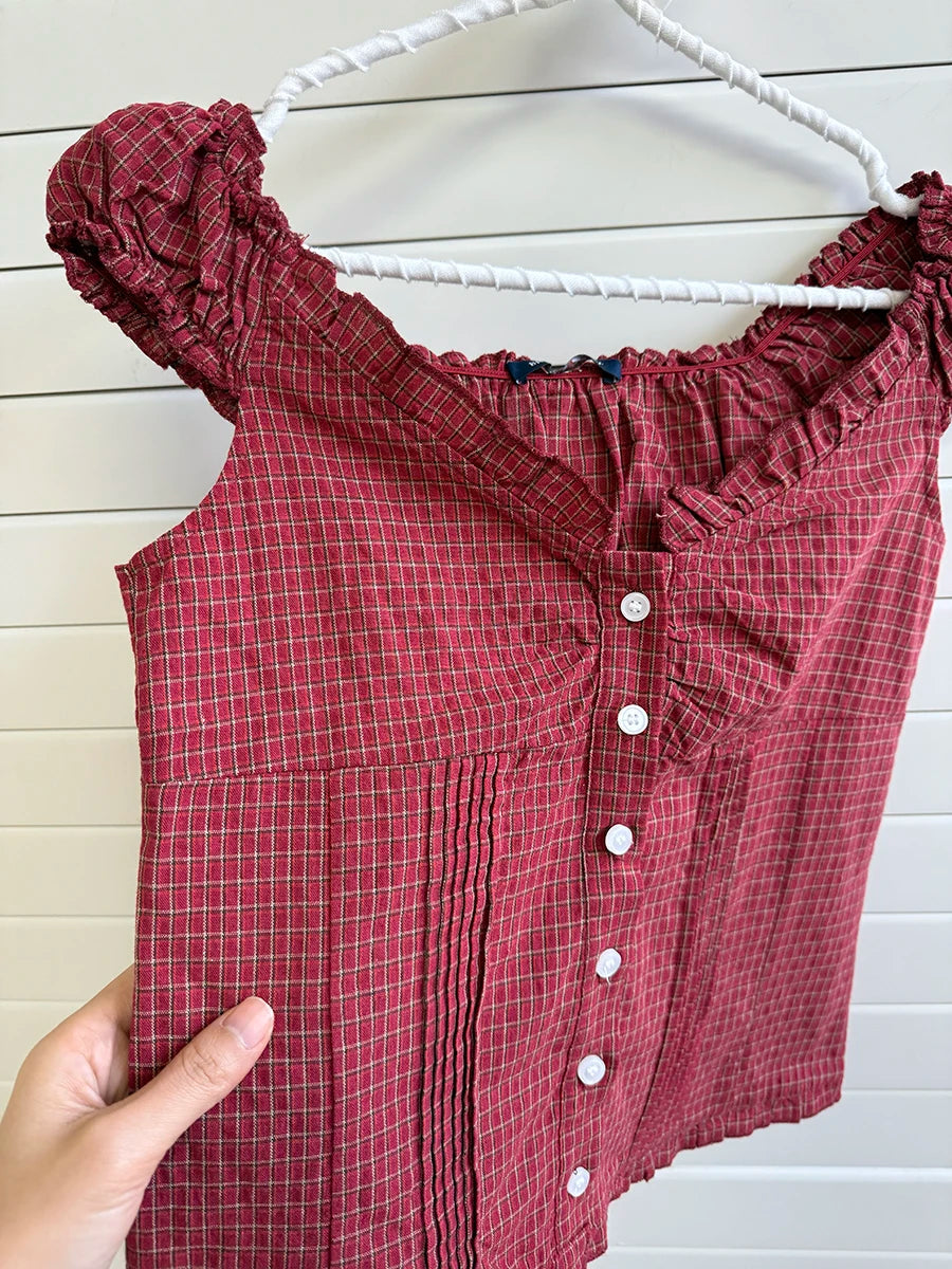 Cute Red Plaid Folds Blouse Tees Women Casual Single Breasted Ruffle Sleeveless Tank Tops Sweet Vintage Preppy Style Camisole