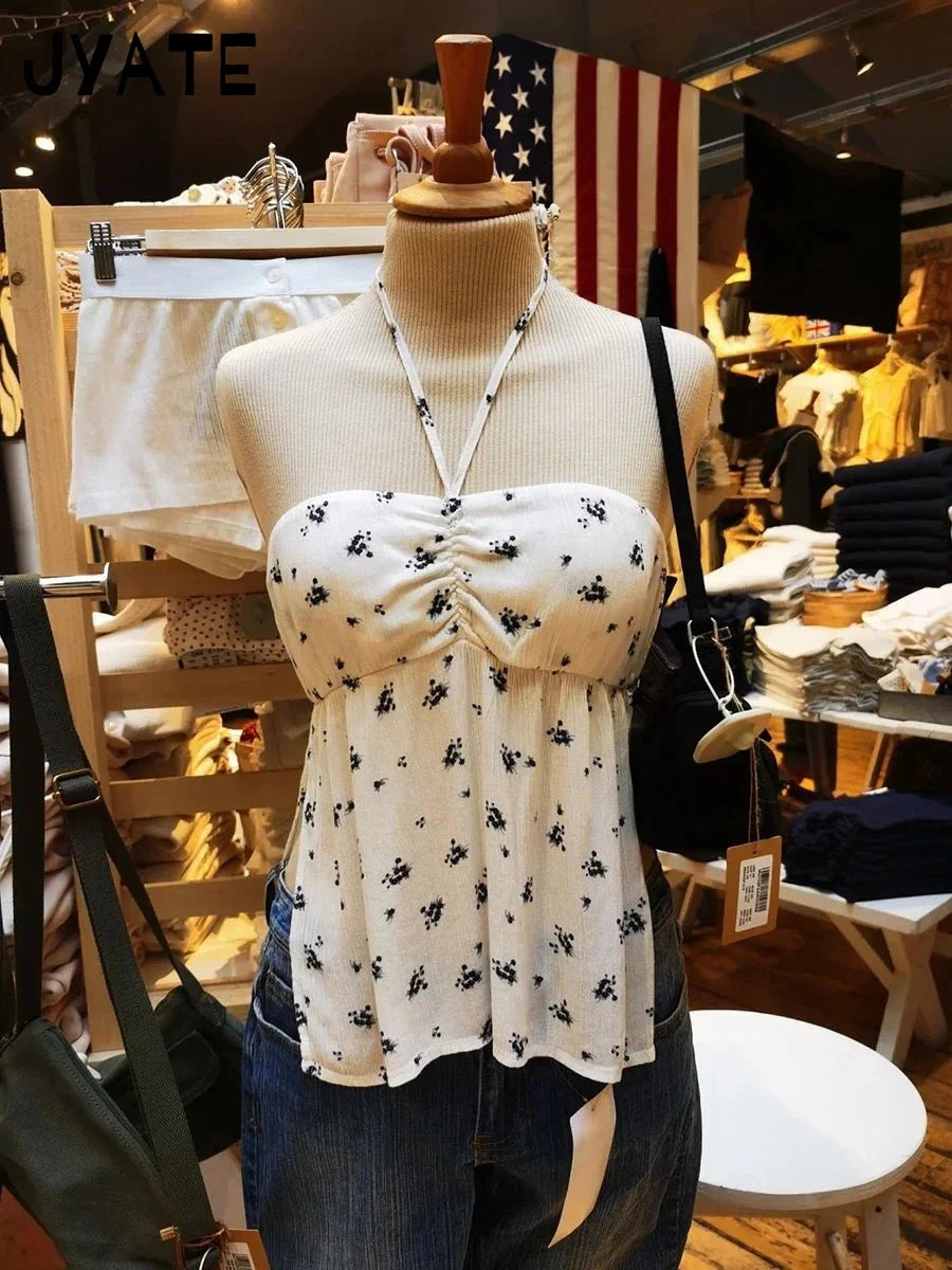 Sweet Navy Floral Drawstring Strapless Tank Tops Women New Streetwear Side Split Slim Cropped Vest Summer Vintage Chic Camis Y2k