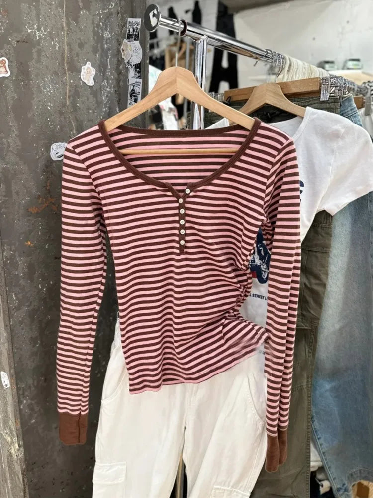 Cute Pink Brown Striped T-shirt Women Buttons O-Neck Cotton Slim Patchwork Long Sleeve Tee Sweet Preppy Style Tshirt Y2K Top New