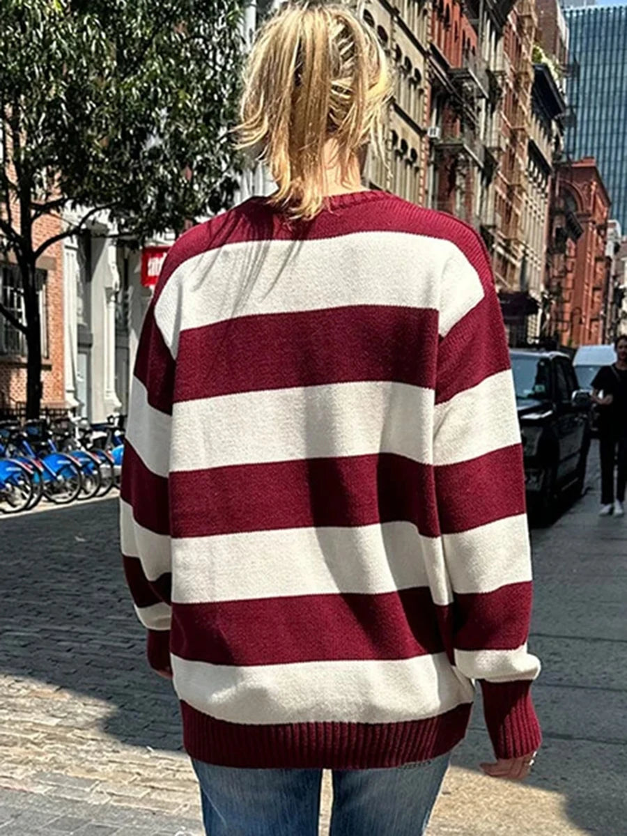 Striped Thick Knitted Jumpers Women Autumn O-neck Fashion Casual Streetwear Loose Pullovers Tops Chic Vintage Sweet Y2K Sweaters