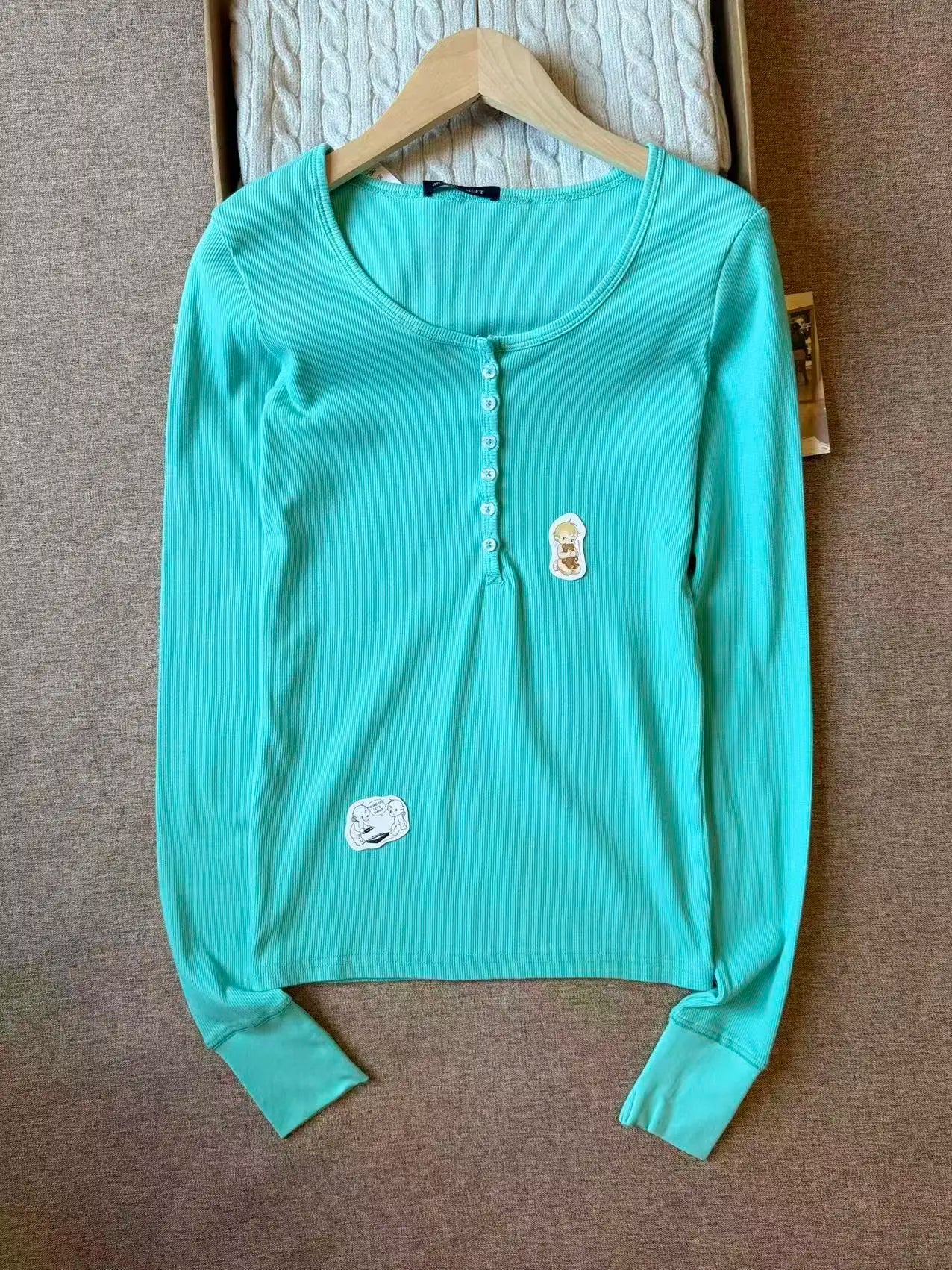 Sweet Blue Ribbed Buttons T-shirt Women Buttons O-Neck Cotton Slim Long Sleeve Tee Cute Vintage Preppy Style T Shirt Y2K Top New