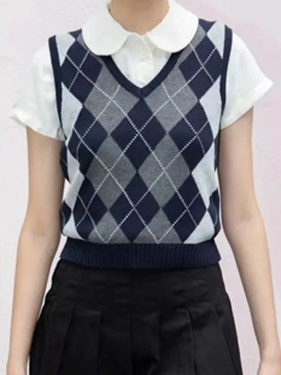 Argyle V-neck Knitted Vests Women Autumn Cotton Soft Casual Sleeveless Pullover Tank Tops Vintage Streetwear Chic Slim Sweaters