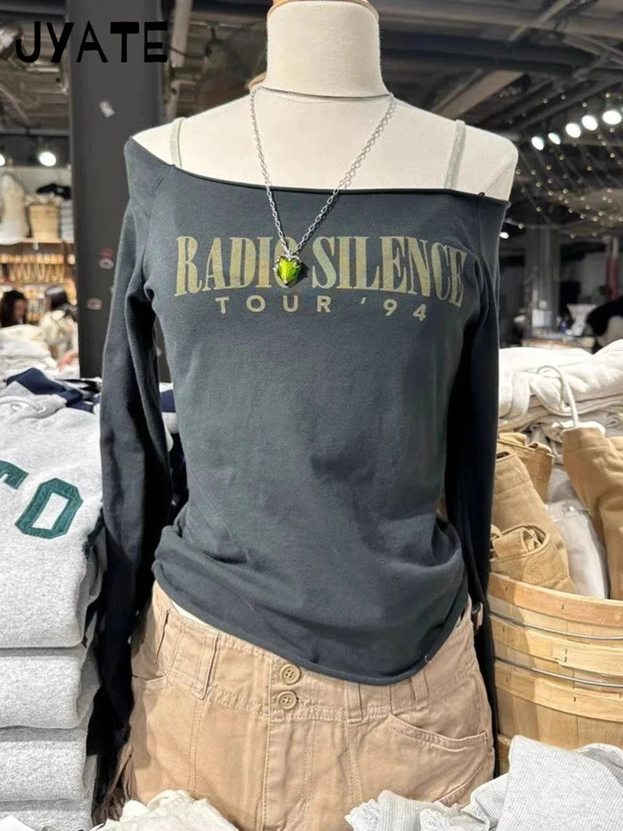 Letter Print Slash Neck Long Sleeve Tee Women Summer New Cotton Slim Sexy Raw Hem Casual Tops Vintage American Chic T-shirts Y2K