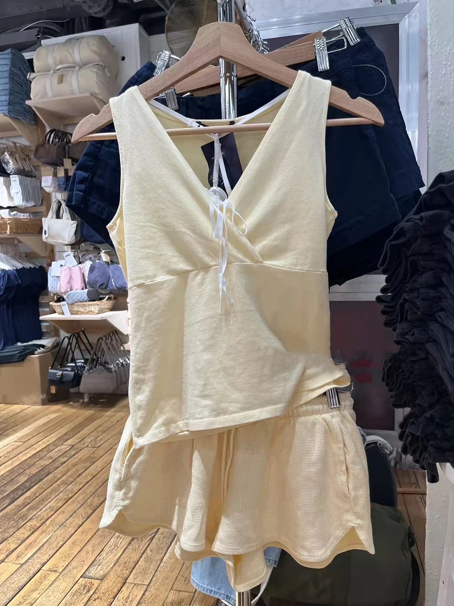 Yellow Waffle Loose Shorts Women Summer New Casual Drawstring Elastic High Waist Sports Short Sweet CutePreppy Style Short Pants