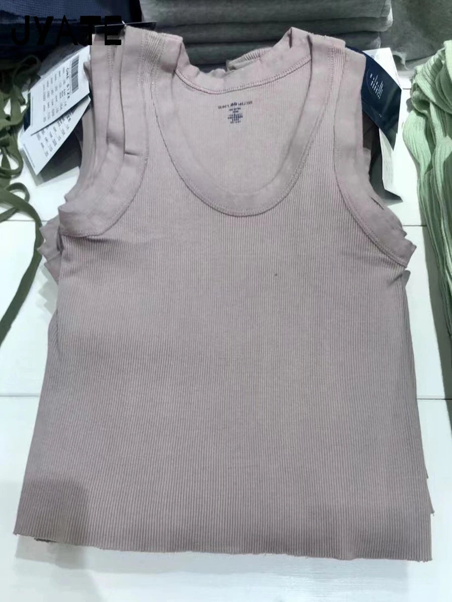 Simple Ribbed U-neck Crop Tops Women New Cotton Casual Slim Preppy Style Sleeveless Cropped Vest Vintage Basic Chic Tank Top Y2K