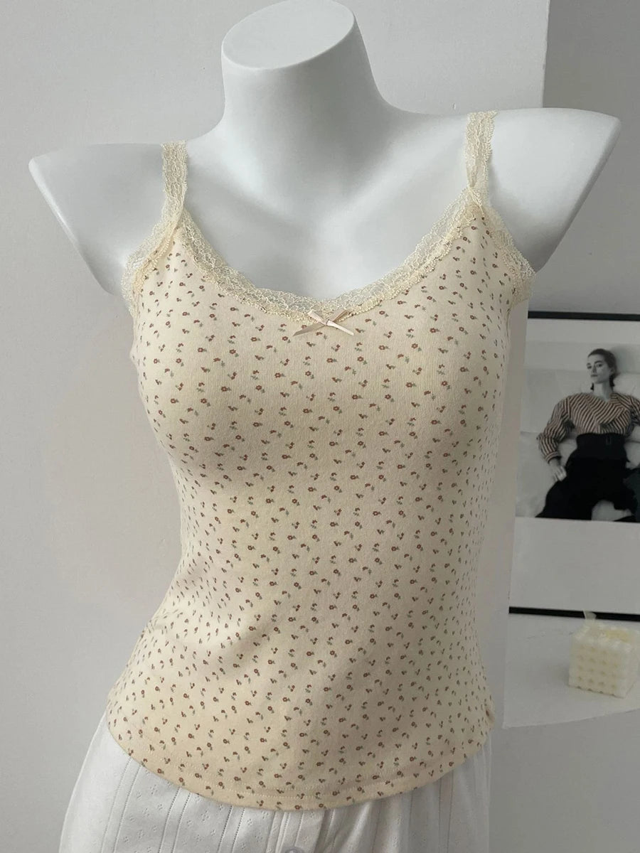 Floral Bow Lace Trim Crop Tops Women Summer Preppy Style Sleeveless Slim Cotton Tank Top Sweet Cute Vintage Camisole Clothes