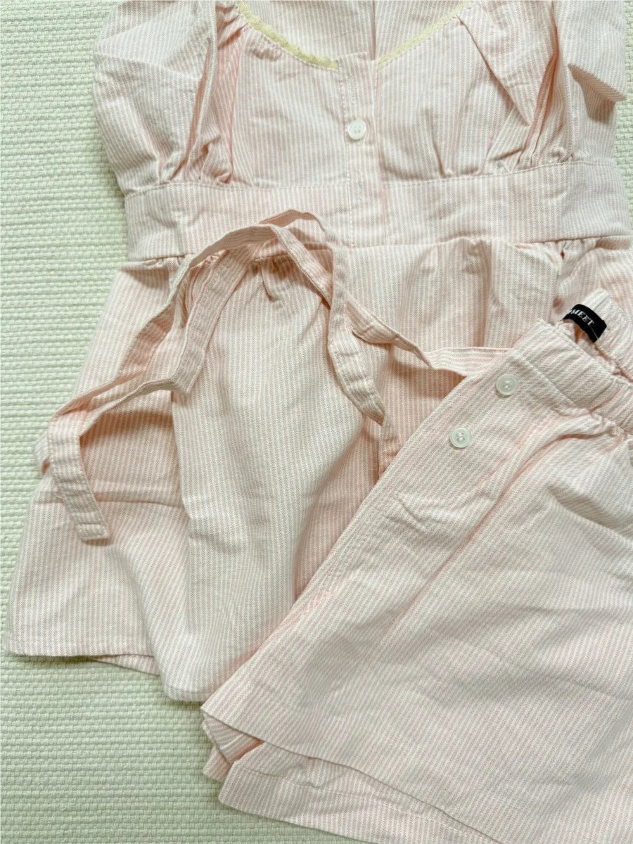 Pink Striped Lace Trim Tank Shorts Set Suit Women New Button Camisole +Elastic Waist Short Pant Sweet Cute Home 2 Piece Sets Y2K