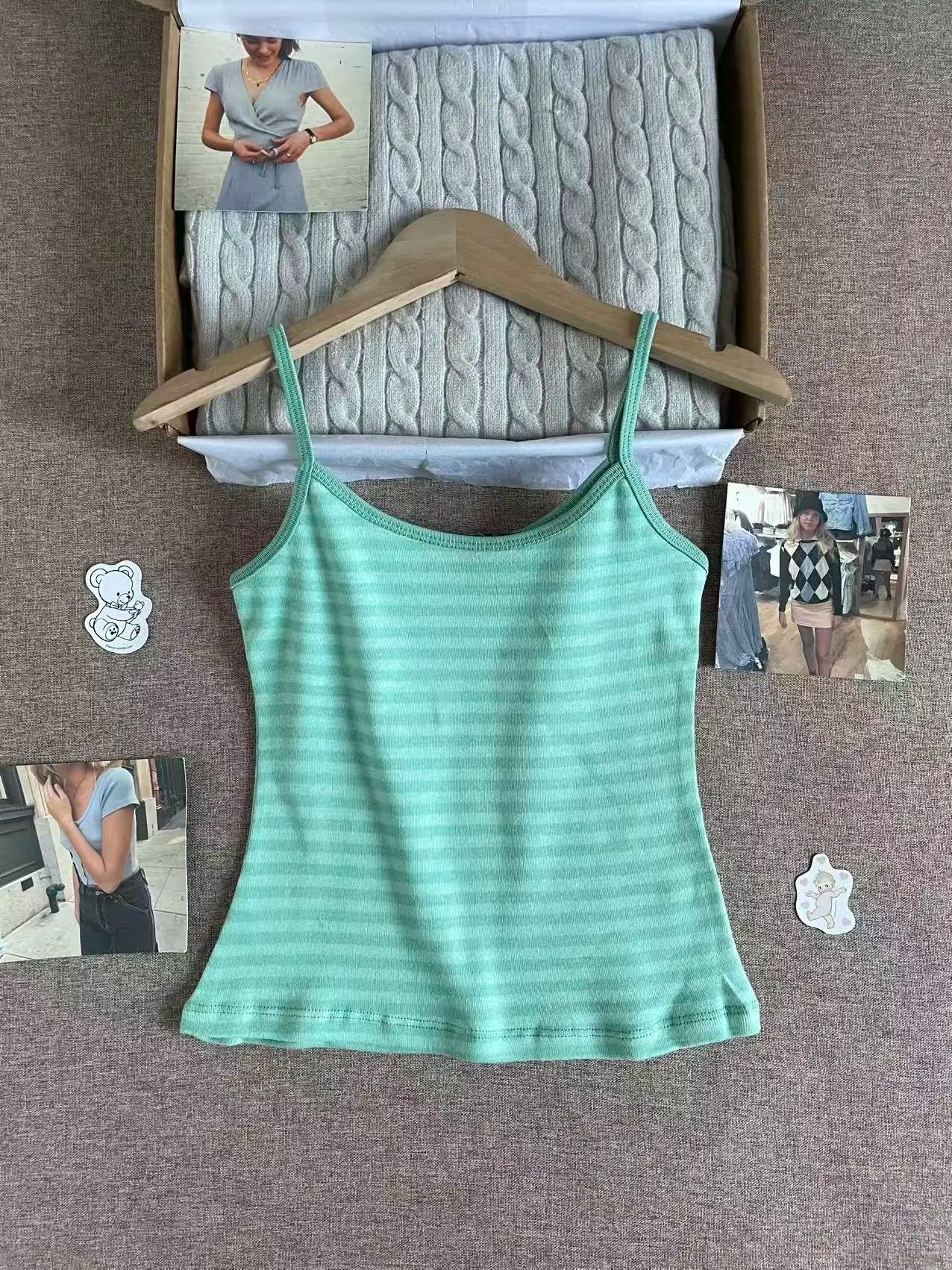 Green Striped Slim Camisole Women Casual Simple All-match Cute Cotton Sleeveless Vests Female Sweet Vintage Chic Tank Tops Y2K