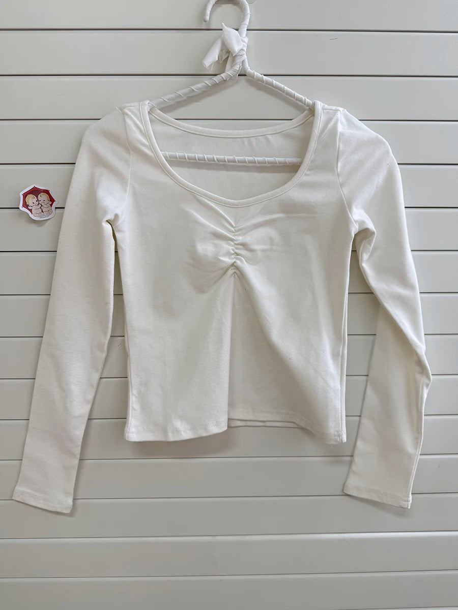 Solid V Neck Slim Long Sleeve T-shirts Fashion Tight Folds Basic Crop Top Woman Spring Casual Street Y2K Summer Tees