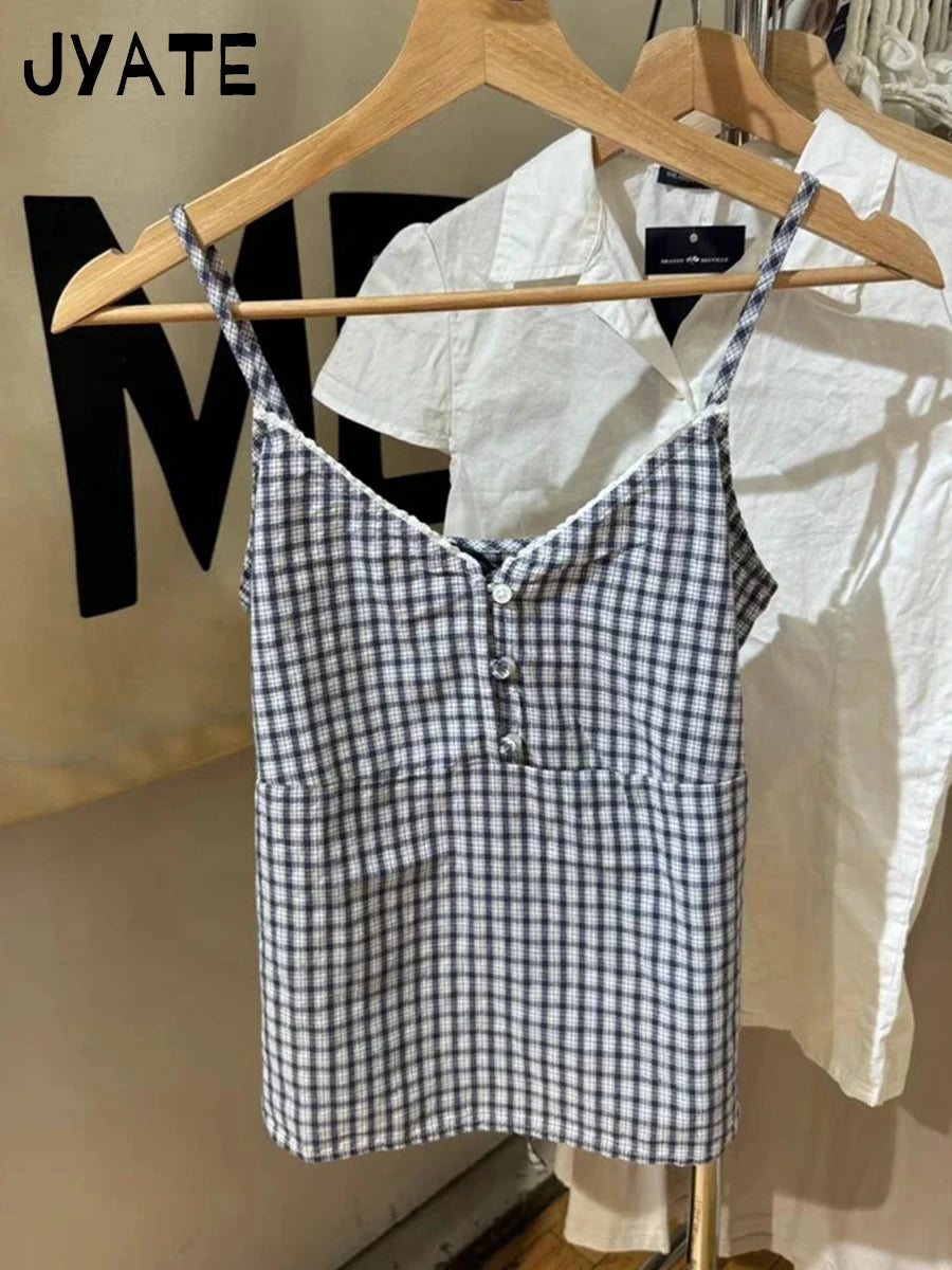 Plaid Print Buttons V-neck Tank Tops Women Summer Casual Simple Preppy Style Sleeveless Vests Vintage American Chic Camisole Y2K