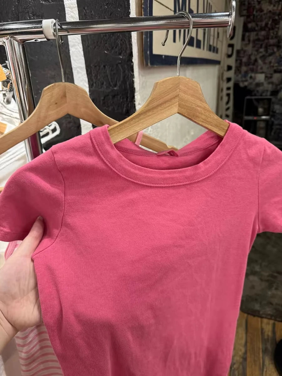 Rose Red Round Neck T-shirt Women Summer Simple Basic Slim Short Sleeve Cotton Classic Tees Female Streetwear Y2K Sweet Crop Top