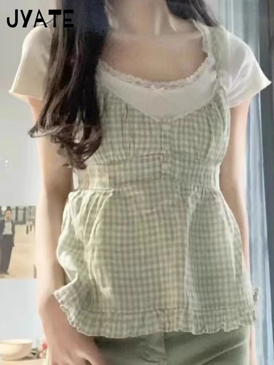 Retro White Lace Trim Blue Plaid Tank Tops Women New Buttons Back Lace-up Sleeveless Vests Vintage Chic Sweet Blouse Camis Y2K