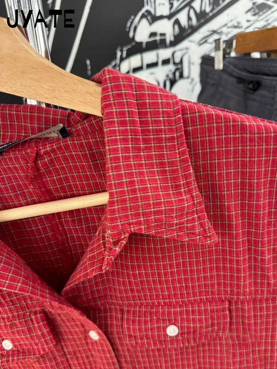 Retro Red Plaid Pockets Shirt Dresses Women New Turn Down Collar Single Breasted Short Sleeve Vestidos Sweet Vintage Mini Dress