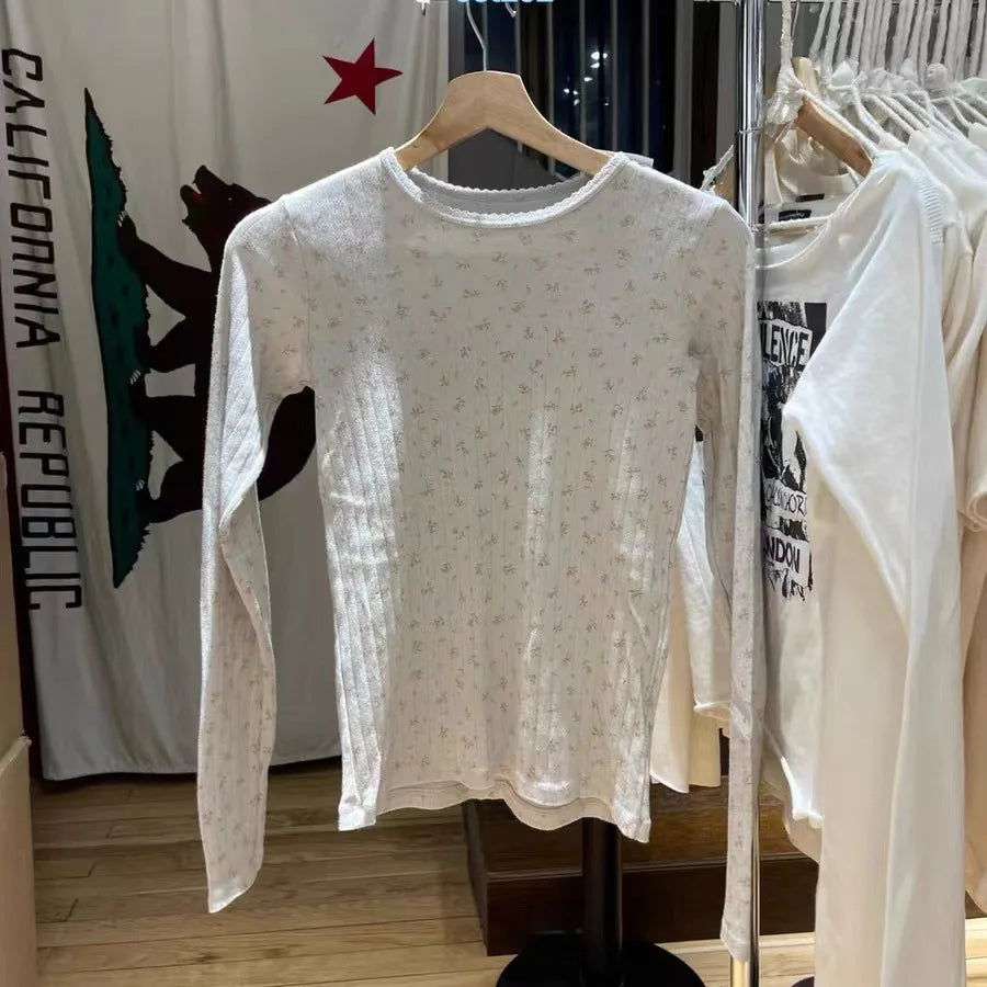 Sweet Orange Floral Print Waffle Long Sleeve Tees Women Autumn Cotton Caasual Streetwear O-neck Slim Tops Cute Chic Y2K T-shirts