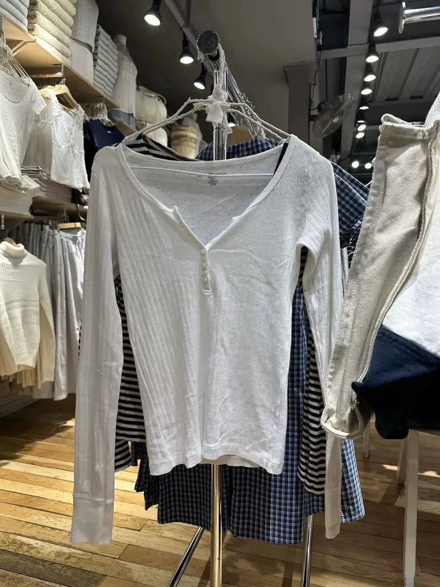 Six Button Eyelet White Long Sleeve Tees Women Y2K Cotton Casual Slim Single Breasted Smock Tops Sweet Simple Basic T-shirts New