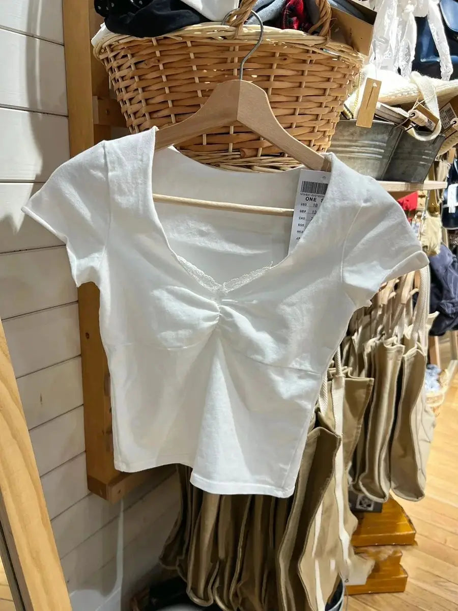Floral Print Slim V-neck T-shirts Women Bow Sexy Folds Lace Trim Cotton Short Sleeve Tee Shirt Sweet Preppy Style Solid Crop Top