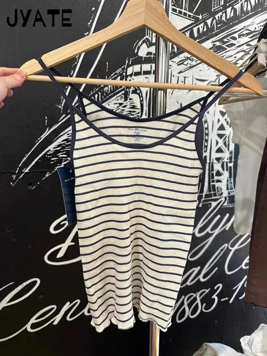 American Blue Striped Hollow Out Tank Tops Women Summer New Cotton Bow Lace Trim Sleeveless Vests Sweet Cute Vintage Camis Y2K