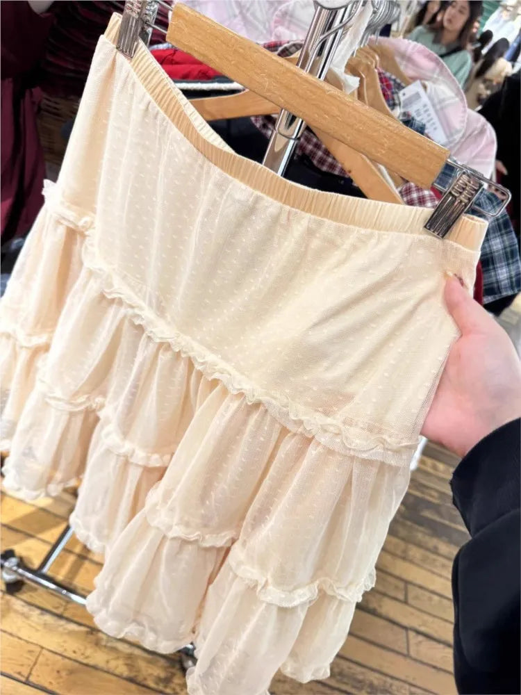 Jacquard Mesh Polka Dot Knee Length Skirts Woman Elastic Waist Ruffles A-line Short Faldas Sweet Preppy Style Beige Skirt Y2K