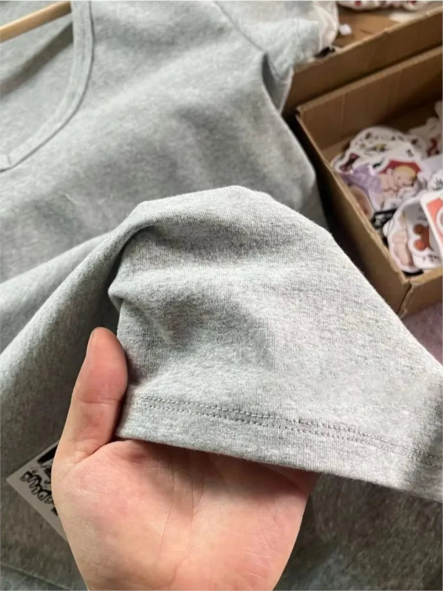 Sweet Gray Lace Trim V-neck Short Sleeve Tee Women New Cotton Casual Simple Slim Tops Clothes Vintage Basic Preppy Style T-shirt