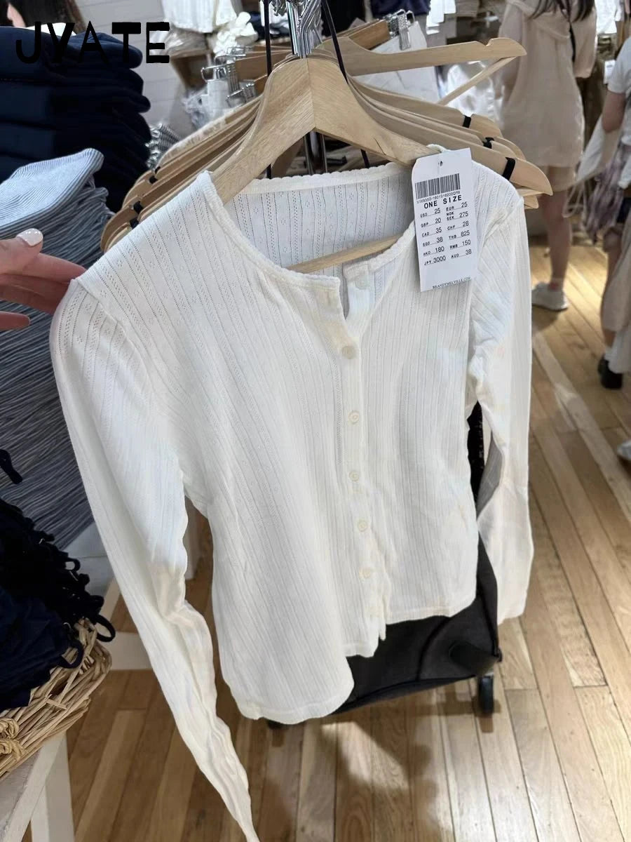 Sweet Eyelet Knitted White Long Sleeve Tees Women New Cotton Casual Slim Single Breasted Smock Tops Vintage Cute Basic T-shirts