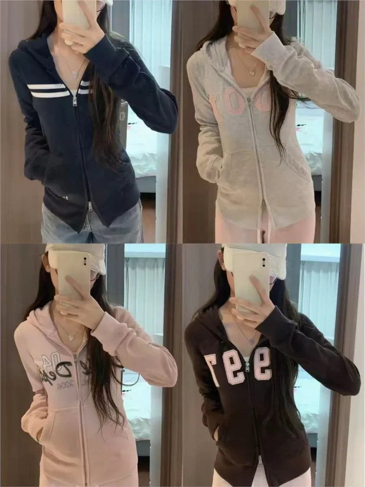 Patchwork Sweet Zipper Hoodies Women Autumn Casual Pockets Drawstring Hoodie Tops Vintage Loose Preppy Style Sweatshirts Coat