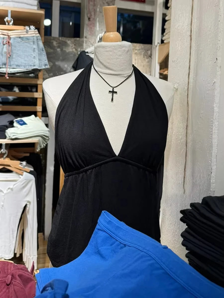 Sweet White Lace-up Halter Slim Crop Top Women Cotton Deep V-neck Backless Sleeveless Vests Vintage Chic Basic Y2K Camisole New