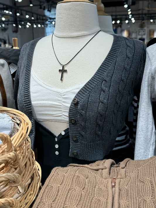 Four Button Knitted Cropped Cardigan Women Simple V-neck Twist Flower Short Sleeve Crop Tops Vintage Sweet Chic Knitwear Y2K