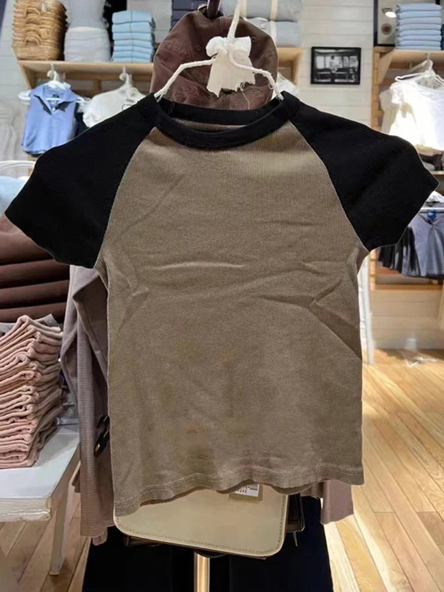 Vintage Brown Patchwork Ribbed Crop Tops Female Summer Cotton O-neck Slim Casual Short Sleeve Tee Harajuku Sweet Chic T-shirts