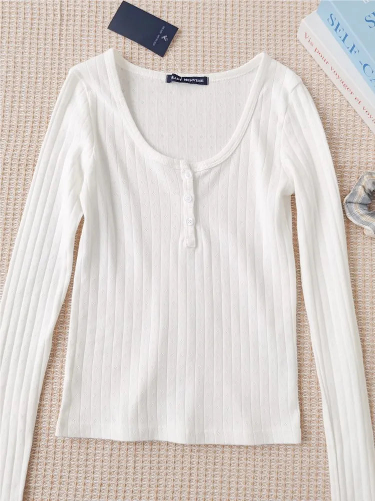White Eyelet 2 Piece Sets Women Buttons Cotton Long Sleeve Tee+Elastic Waist Straight Trousers Home T-shirt Pant Pajama Set Y2K
