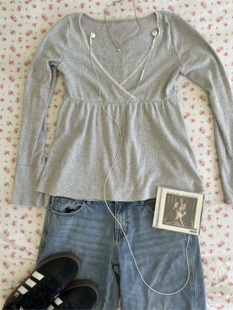 Sexy Lace Trim V-neck Long Sleeve Tees Women Spring Casual All-match Simple Slim Babydoll Top Sweet Cute Preppy Style T-shirts