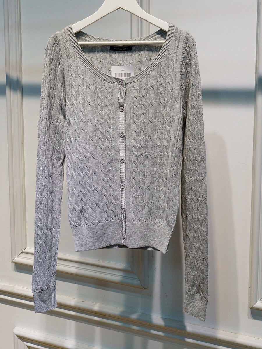 Gray Twisted Flower Slim Cardigans Women Streetwear New Solid O-neck Single-Breasted Autumn Sweater Cute Casual Sweet Knitwear