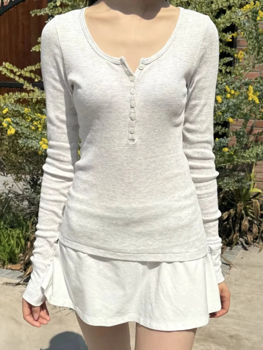 Taro Purple Ribbed Patchwork Long Sleeve Tees Women Autumn Simple Basic Buttons O-neck Tshirt Female Sweet Cute Cotton T-shirts