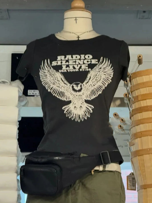 American Vintage Crop Top Women Streetwear Crew Neck Cotton Slim Short Sleeve T-shirts Fashion Black Eagle Print Tops Tees Y2k