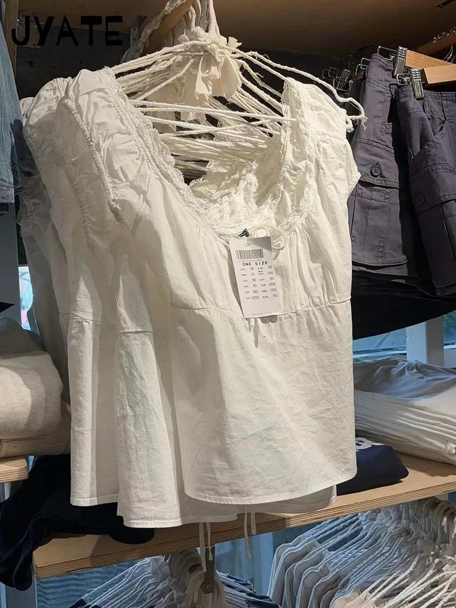 New Lace Trim Strap Cotton Short Sleeve Tees Female Casual Simple Sexy White Crew Neck Tops Clothes Sweet Cute Chic T-shirts Y2K