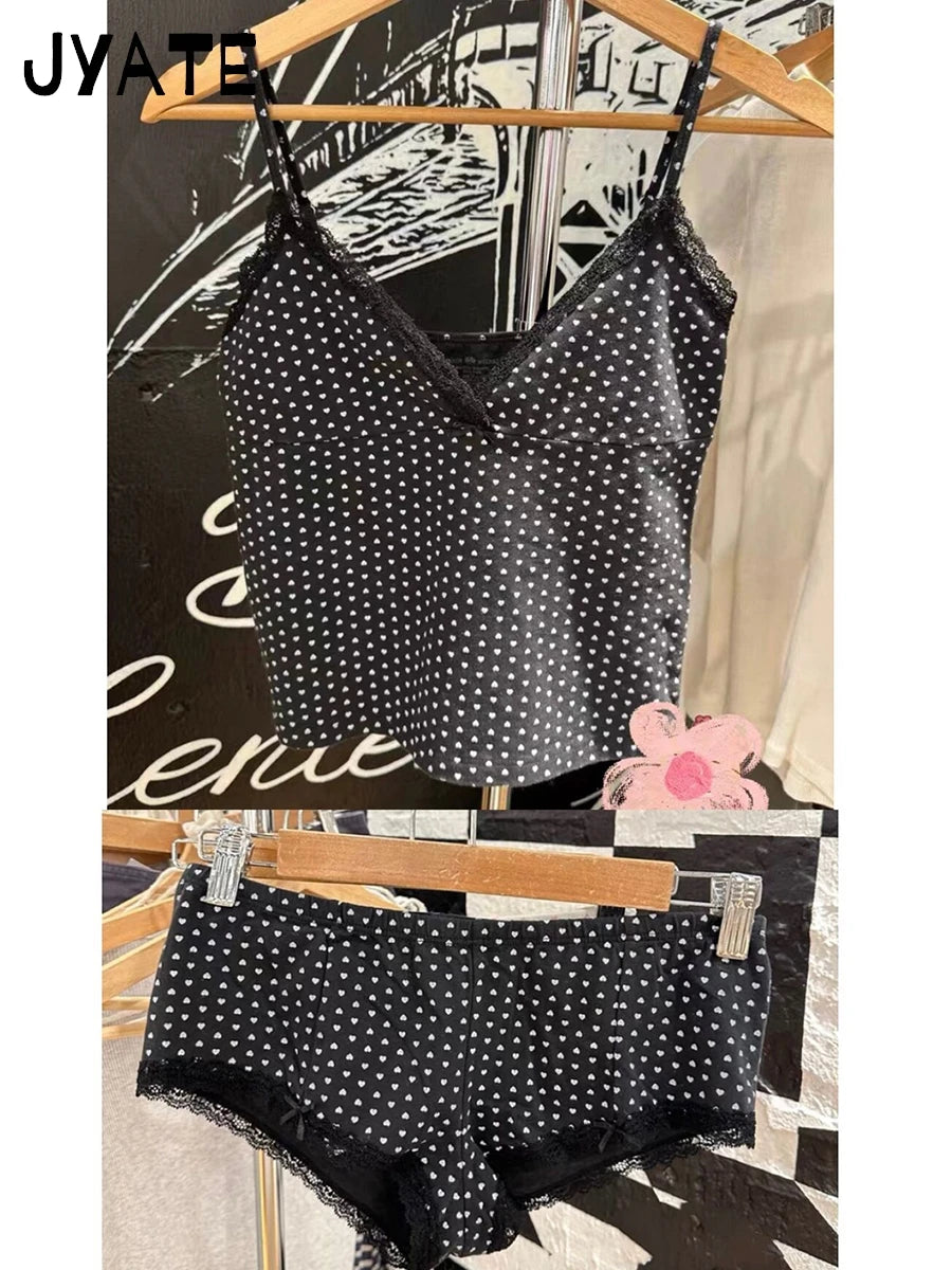 Harajuku Heart Print Lace Trim Black Camisole Women Summer New Cotton Sexy Slim V-neck Cropped Vest Vintage Chic Sweet Tank Tops