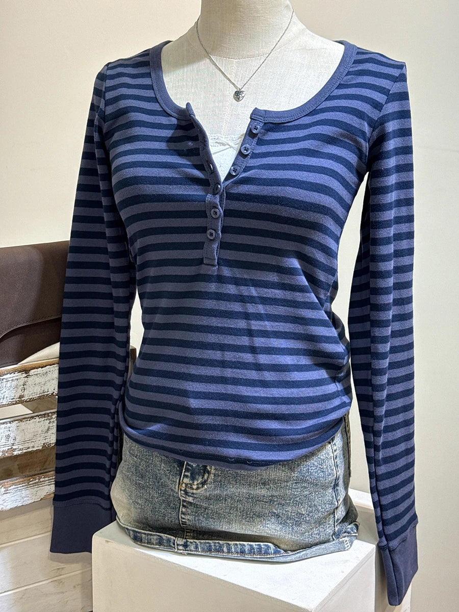 Navy Striped Buttons Long Sleeve Tees Women Casual Chic Cotton T-shirt Cute Preppy Style Slim Tshirt Zelly Tops