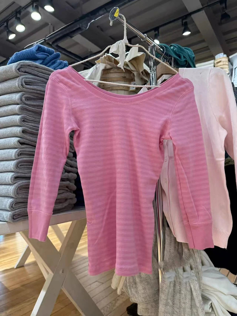 Rose Pink Striped T-shirts Women Casual Streetwear U Collar Slim Cotton Three Quarter Tees Sweet Cute Preppy Style Tshirt Y2K