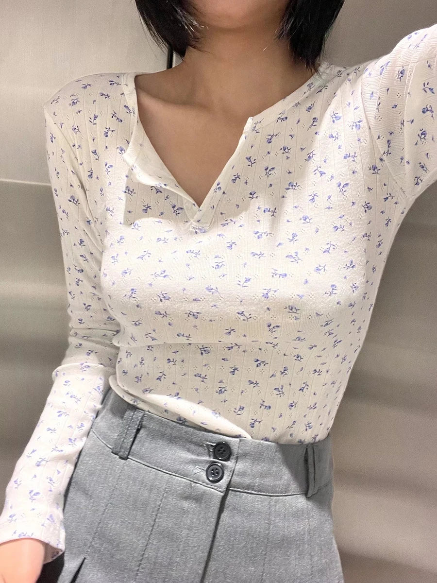 Vintage Hollow Out Cute Floral Print Cotton T-shirts Femme New Button  Slim Long Sleeve Tees Casual Autumn Chic Tops Clothes Y2K