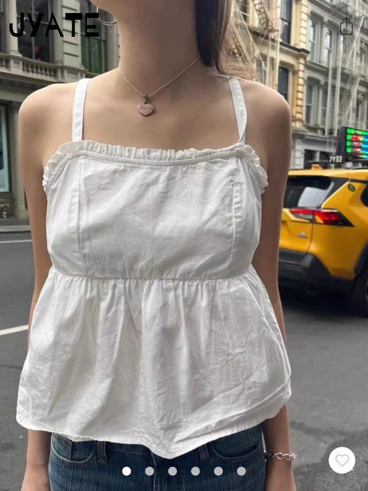 Sweet White Square Neck Camisole Women 2024 Summer New Streetwear Simple Ruffles Sleeveless Vests Cute Preppy Style Tank Top Y2K