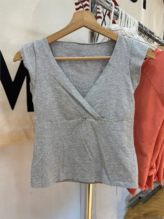 Gray Deep V-neck Cotton T-shirts Women Summer Casual Simple All-match Slim Sleeveless Tshirt Sweet Ballecore Cute Crop Tops Y2K